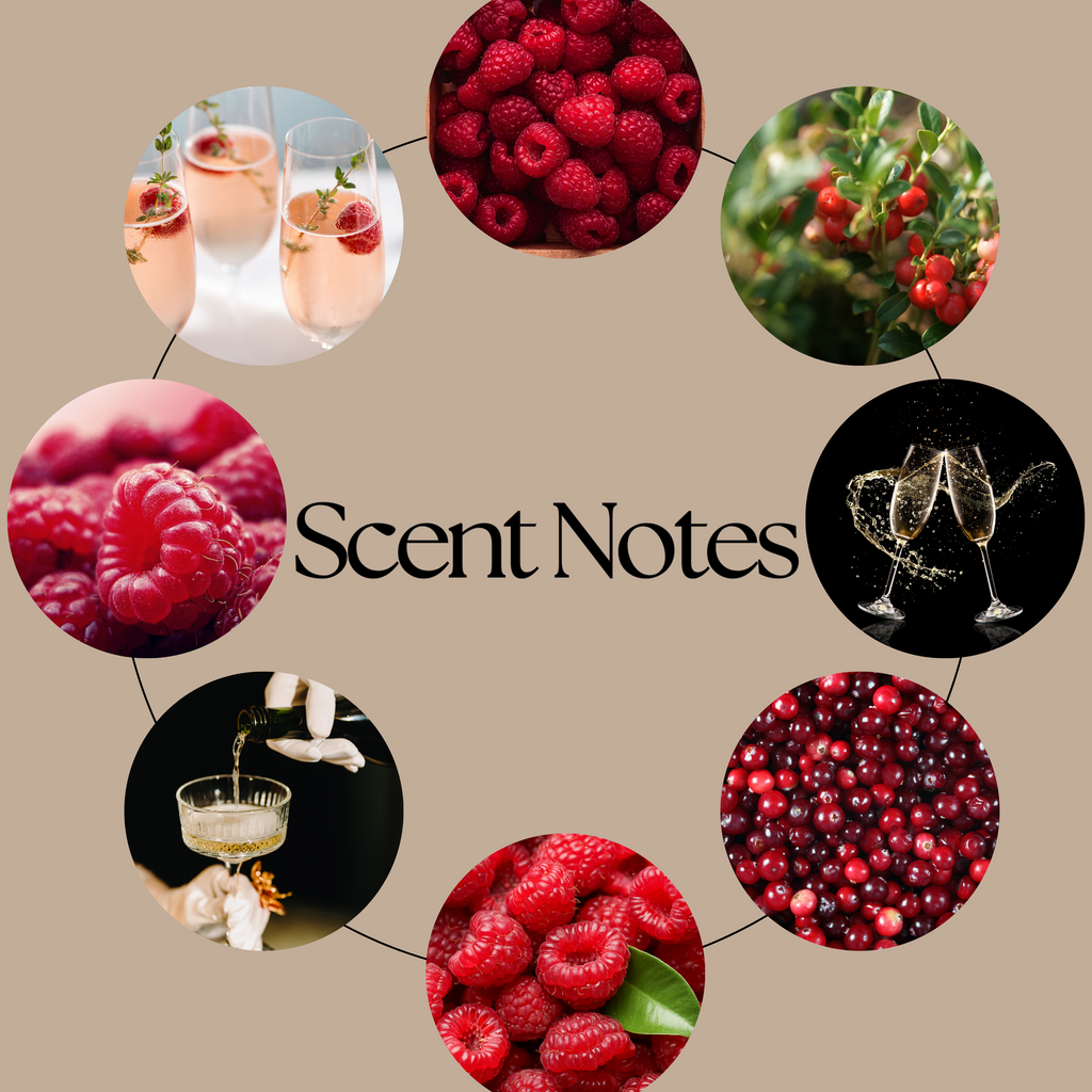 A circular graphic on a beige background with the text 'Scent Notes' in the center and eight circular photos arranged around it, including raspberries, berries, champagne glasses, and liquid in a glass.