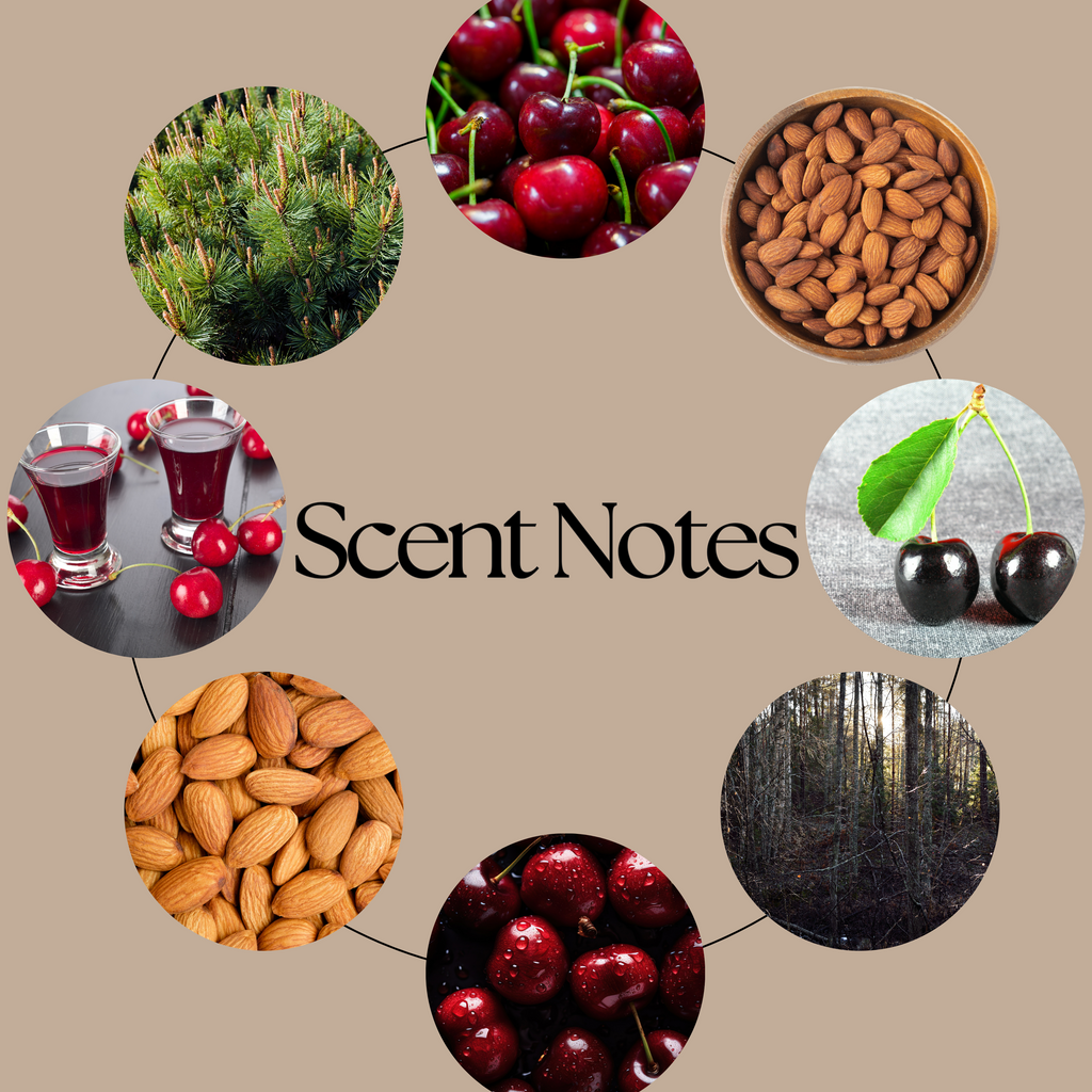 A circular graphic on a beige background labeled 'Scent Notes' with eight circular photos showing ingredients or scents: greenery, red cherries, almonds, cherries in glasses, more almonds, cherries with a leaf, a dark forest scene, and more cherries. Cherry Bomb wax melt scent-profile graphic featuring rich cherry liqueur and smooth almond fragrance notes.