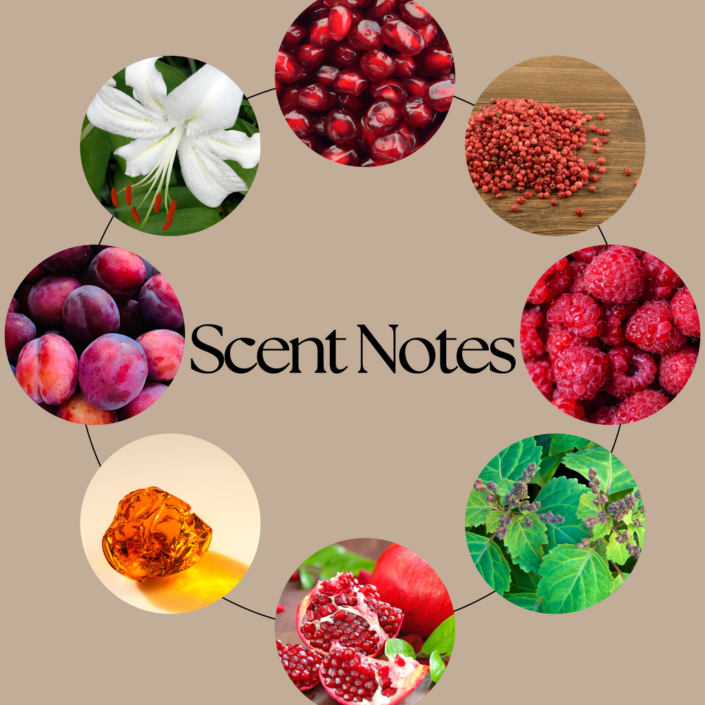 Forbidden Fruit scent-notes graphic featuring pomegranate, raspberry, plum, pink peppercorns, Casablanca lily, patchouli and golden amber imagery on a neutral beige background.