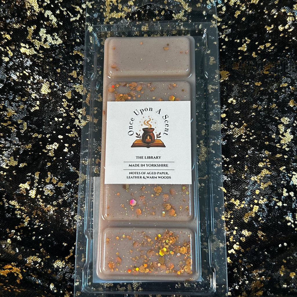 Front-facing clamshell of The Library book-inspired soy wax melts, hand-poured in Yorkshire, showing the Once Upon a Scent label