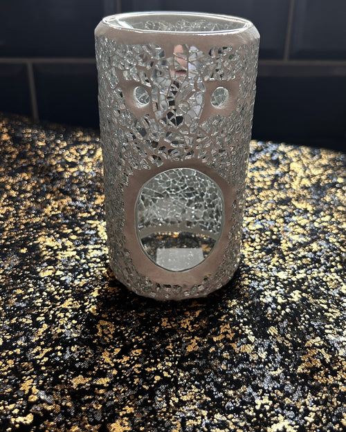 Black and Silver Crackle Pillar wax melt burner with reflective glass design and tealight opening