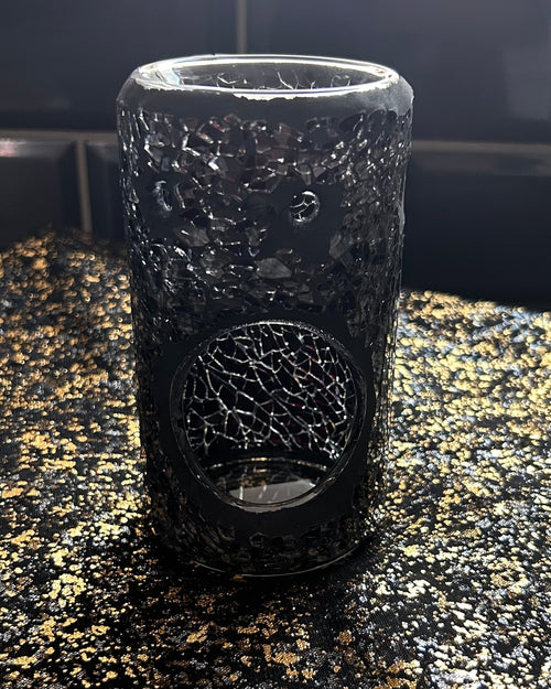 Black and Silver Crackle Pillar glass wax melt warmer and oil burner with mirrored crackle finish