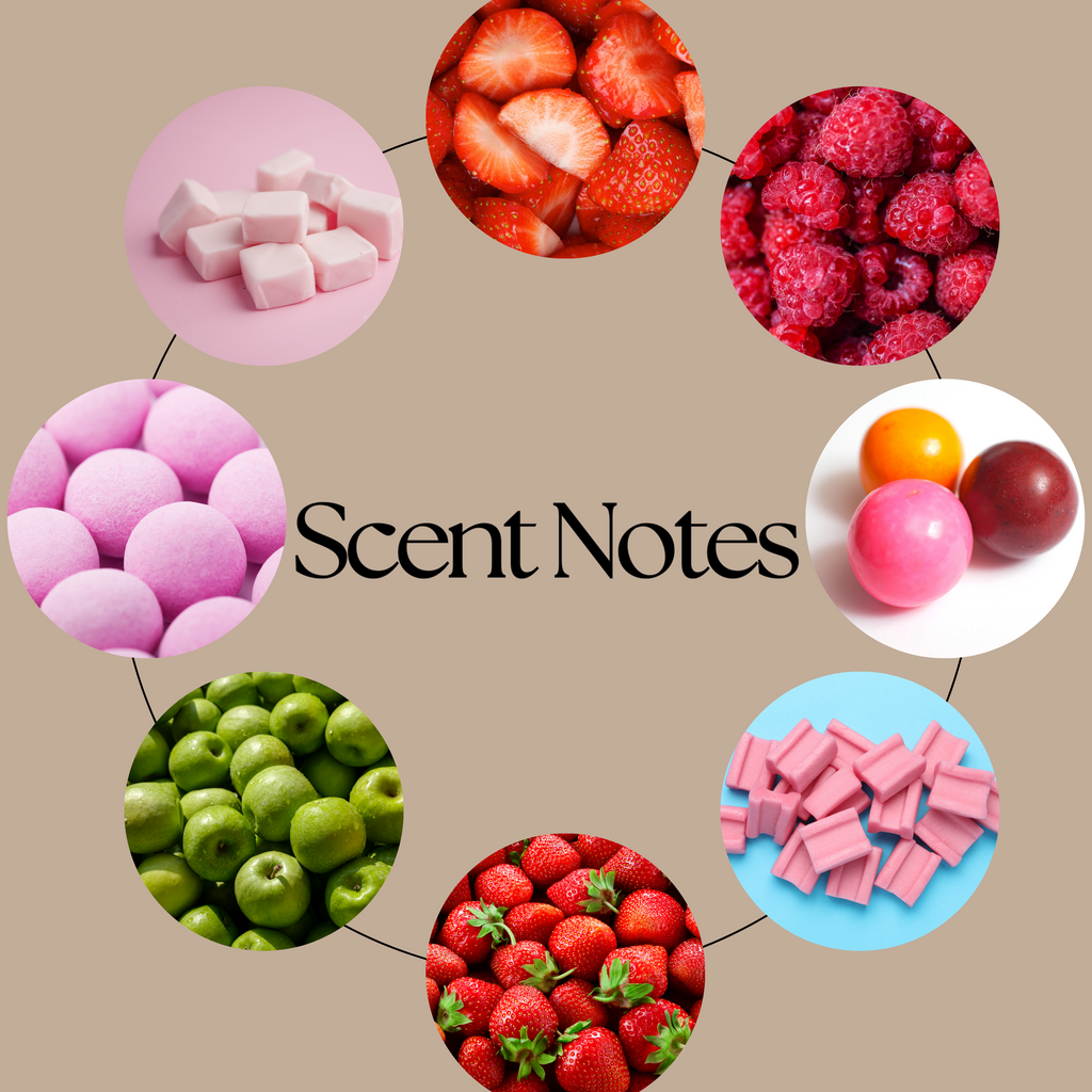 Joey – Missing Girls & Lost Boys wax melt scent-notes graphic featuring sweet strawberries, raspberries and crisp green apple imagery on a neutral beige background.