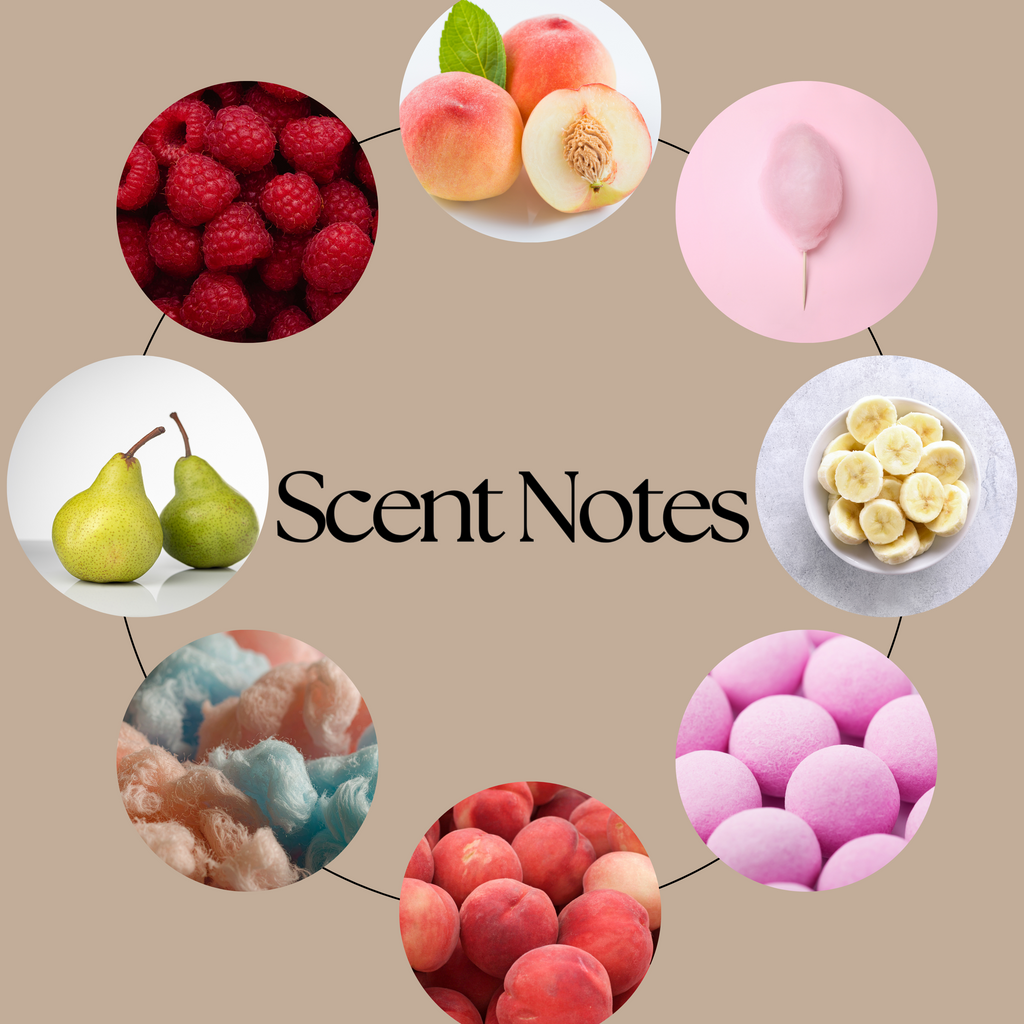 Peachy Keen scent-notes graphic featuring white peach, candyfloss, raspberry bubblegum, banana and pear-drop imagery on a neutral beige background.