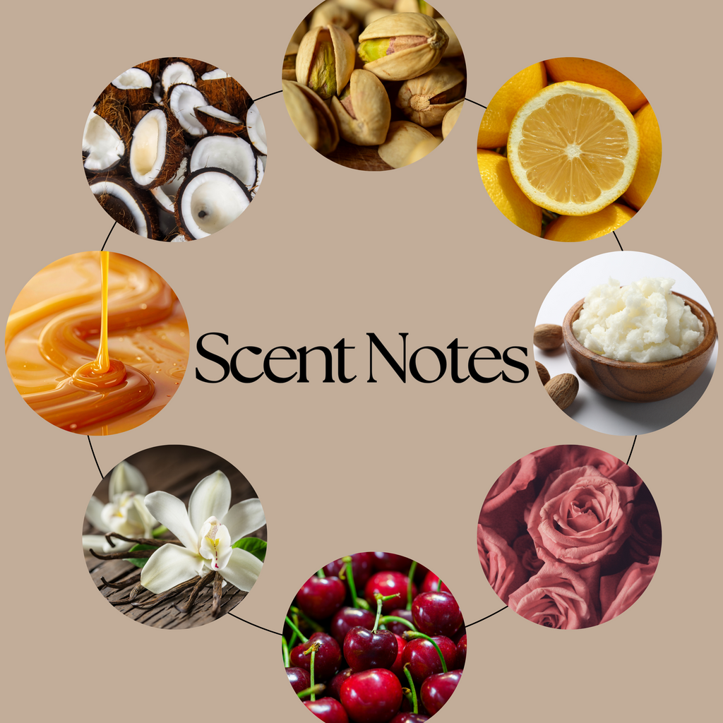 Summer Slow Burn scent-notes graphic featuring pistachio, lemon, cherry, vanilla, caramel, coconut, shea butter, rose and amber imagery on a beige background.