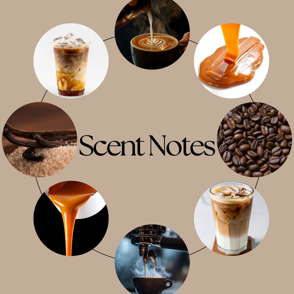 The Cowboy’s Pledge scent-notes graphic featuring caramel, creamy vanilla and freshly brewed coffee imagery on a neutral beige background.