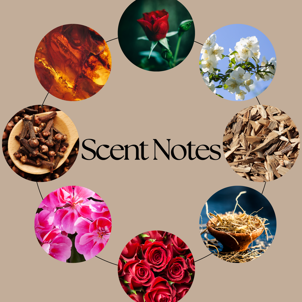 Thorns & Roses scent-notes graphic featuring velvet rose, oud, geranium, jasmine, clove, praline, cedarwood, sandalwood, amber, vanilla and raspberry imagery.