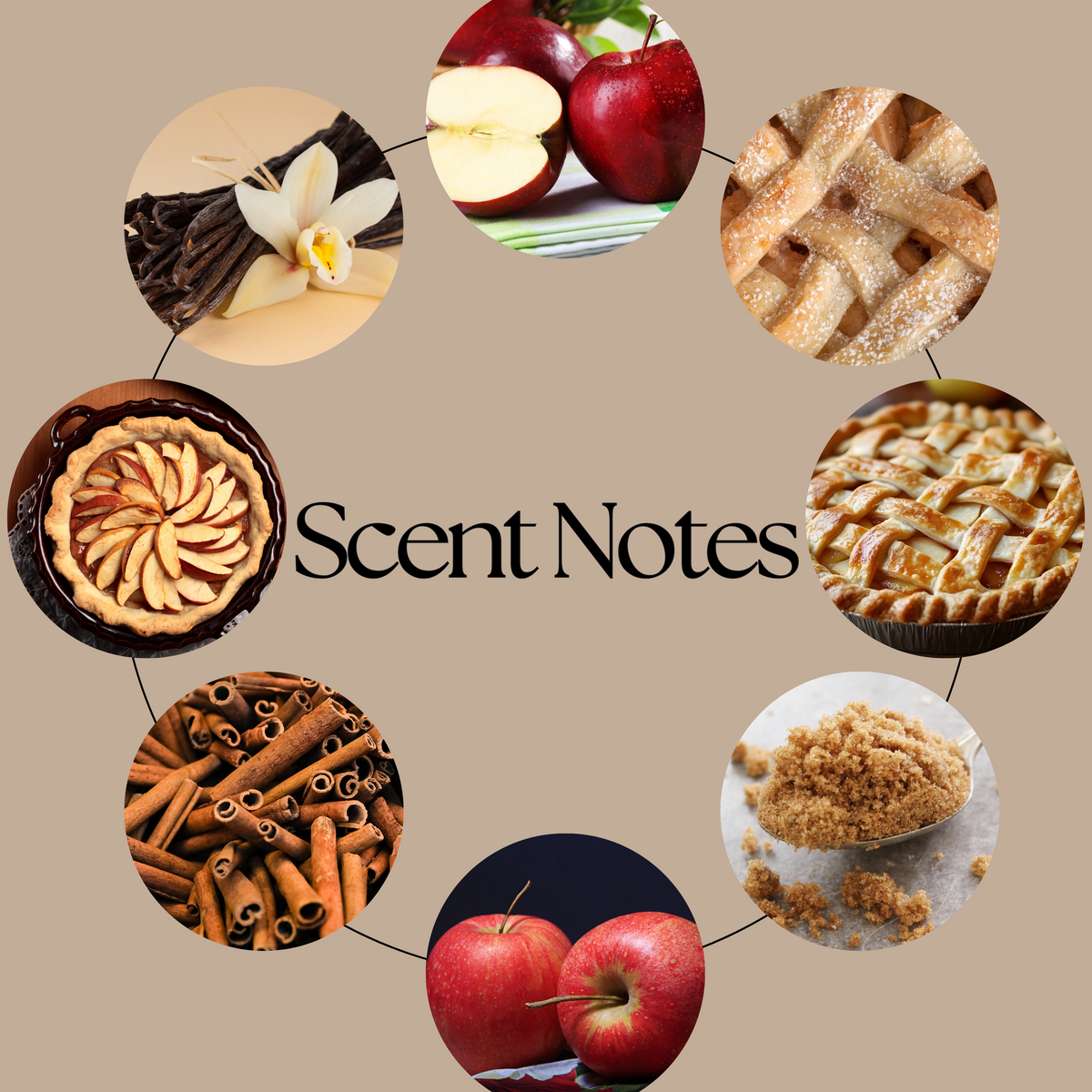 Willa’s Apple Pie fragrance-notes graphic featuring red McIntosh apple, freshly ground cinnamon sticks and warm baked spices.