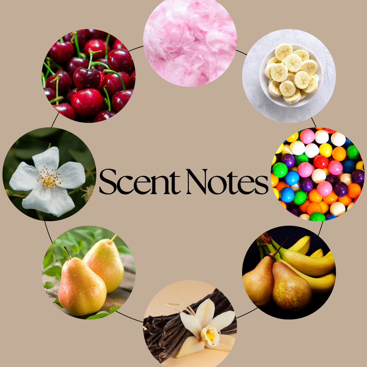 Winter Fairy Tale fragrance-notes graphic showing bubblegum, banana, pear drops, musk, vanilla and candy floss in a sweet book-inspired wax melt.